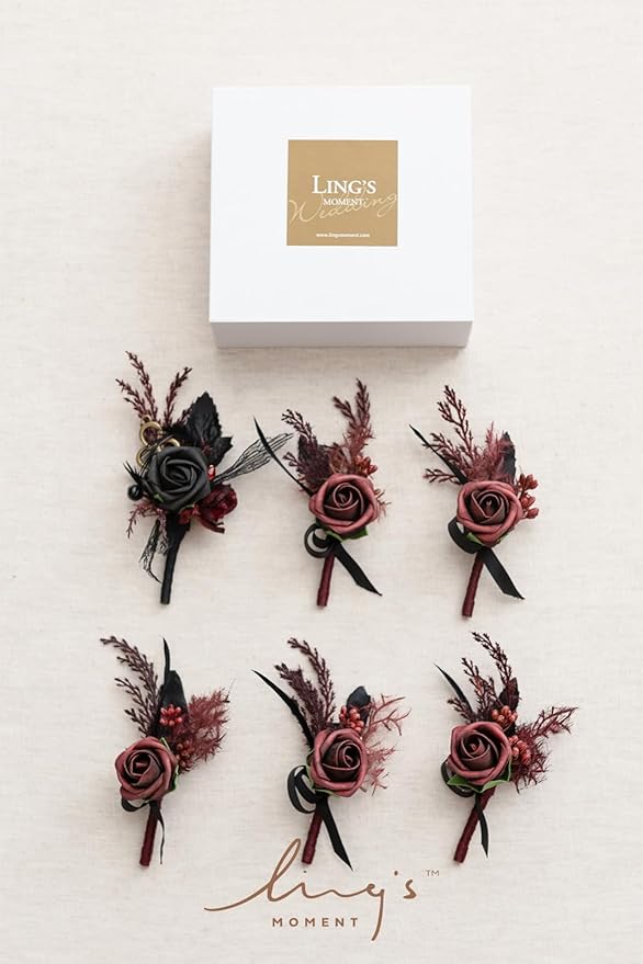 Ling's Moment Boutonniere for Men Wedding,Set of 6 , Groom and Groomsmen Boutonniere for Wedding Homecoming Halloween Ceremony Anniversary, Dinner Party, Prom Flowers and Fall Vintage Wedding
