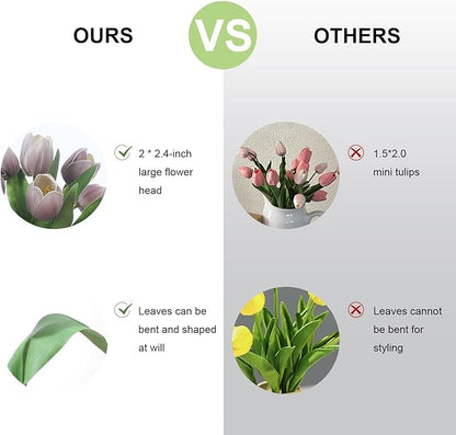 Light Purple Artificial Tulips, 2 Bundles 14Pcs, Fake Tulips Artificial Flowers, 2 x 2.4 Inch Large Flower Head Big Tulip, Easter Valentine's Day Mother's Day Home Decoration Flowers