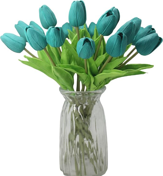 Artificial Flowers 10 Heads Mini Real Touch Artificial Tulip for Home Wedding Party Centerpiece Decoration (Dark Teal)
