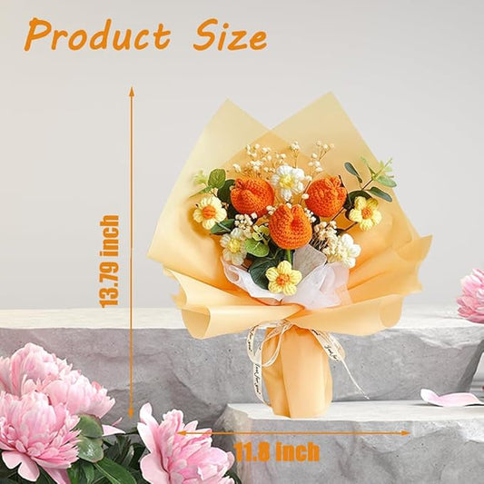 Crochet Flower Tulip Bouquet: Handmade Artificial Flower Knitted Sunflower Bouquet for Festival Wedding Graduation Anniversary (Orange)
