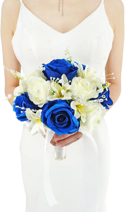 Royal Blue & White Wedding Bouquets for Bride Bridesmaid Bouquet Artificial Roses Tossing Bridal Bouquet for Wedding Church Home Decoration, Gifts