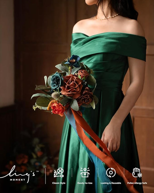 Ling's moment Artificial Flowers Teal and Orange Bridesmaid Bouquet Set of 4, Wedding Flowers Bouquets for Bridesmaids, 7 Inch Bridal Bouquets for Bridesmaids, Wedding Decor, Ceremony, etc