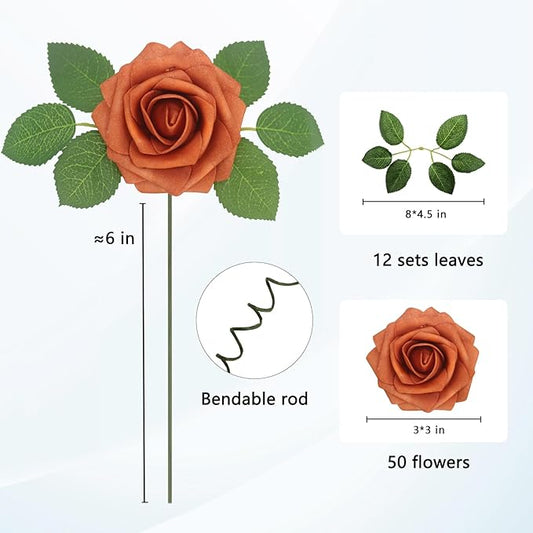 50PCS Burnt Orange Artificial Flowers Realistic Roses, Real Looking Fake Roses with Stem for DIY Wedding Bouquets Centerpieces Bridal Shower Party Home Romantic Decorations (Burnt Orange, 50pcs)