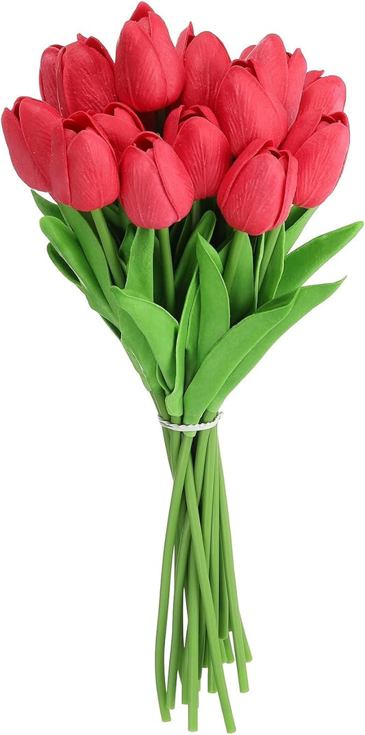 uxcell 20pcs Tulips Artificial Flowers, Faux Flowers Silk Fake Tulip Stems Real Touch for Wedding Bouquet Centerpiece Table Party Decoration(Dark Red)