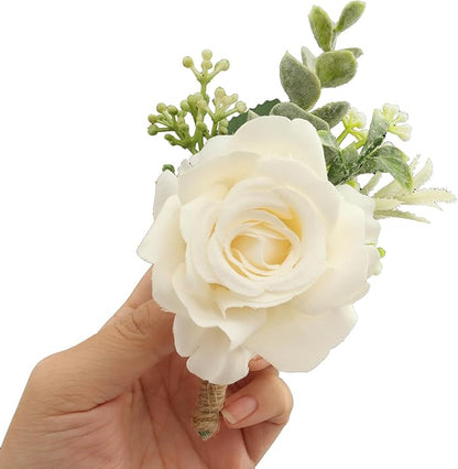 Ivory Rose Boutonniere for Men Wedding Set of 10 Groom Groomsmen Best Man Artificial Flowers Boutonniere for Wedding Ceremony Anniversary Prom Flowers Formal Dinner Party (10, White, Middle)