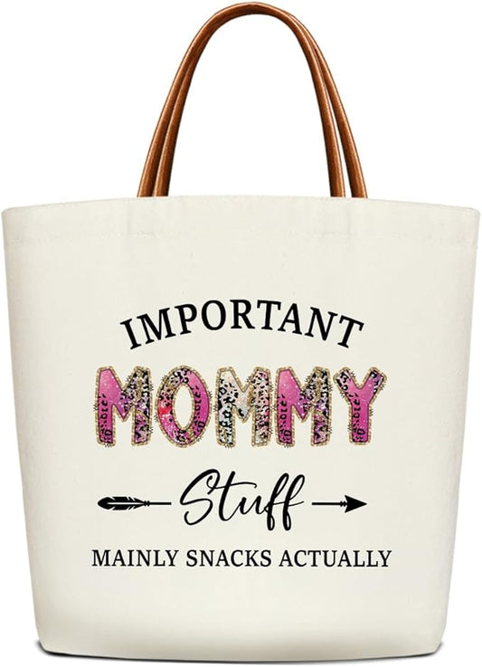 Canvas Tote Bag for Women, Important Stuff Bag with Leather Handle, Reusable Grocery Bags for Shopping Beach Travel