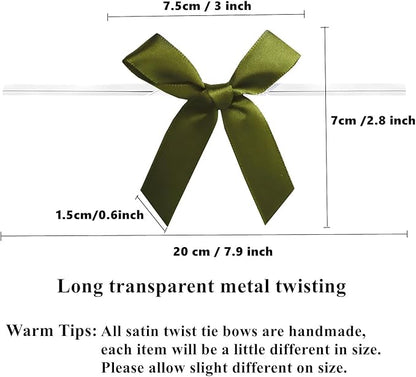 50 Pack Pretied Bows, 3" Satin Ribbon Twist Tie Bows for Treat Bags, Pre Tied Ribbon Bows Twist Tie for Crafts, Twist Bows Tied Bows with Wire for Gift Bags, Popcorn Candy Bags(Moss Green)