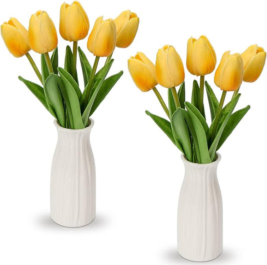 Briful 2 Packs Faux Flowers Artificial Tulips with Ceramic Vase, Poly Foam Yellow Tulips Real Touch Flower Arrangement for Home Kitchen Wedding Centerpiece Decoration