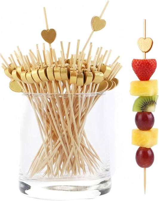 200 Pcs Gold Heart Toothpicks 4.7 Inch Heart Skewers for Appetizers Fancy Bamboo Cocktail Picks for Frozen Appetizers Fruit Charcuterie Drink Sticks Wedding Party Heart Shaped Decor