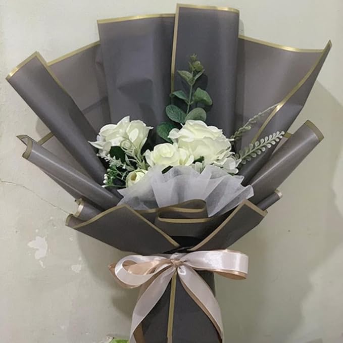 WRAPAHOLIC 20 Sheets Flower Wrapping Paper - 22.4 x 22.4 inch Gold Trim Dark Grey Water-Resistant Floral Bouquet Wrapping Paper, Florist Supplies Packaging Paper for Wedding Birthday Gift DIY