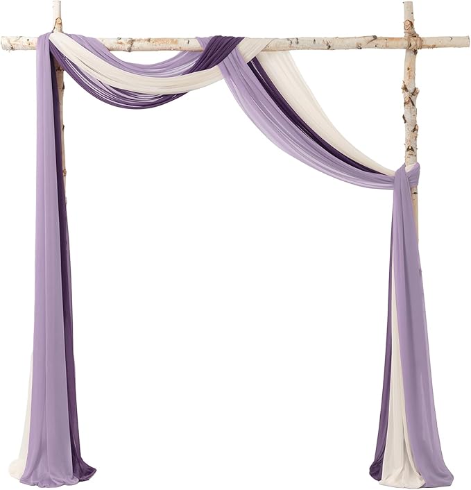 Ling's moment Wedding Arch Draping Fabric 3 Panels 20Ft Purple Chiffon Fabric,Sheer Hanging Drapes Arrangement for Wedding Ceremony Backdrop Party Swag Home Decor (Lilac & Gold)
