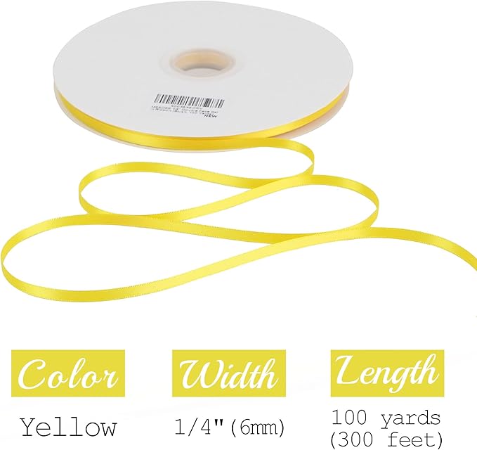 MEEDEE 1/4 Inch Yellow Satin Ribbon Double Face Satin Ribbon Pale Yellow Wedding Ribbons Gift Wrapping Ribbons for Crafts Card Making Hair Favor Decor, 100 Yards