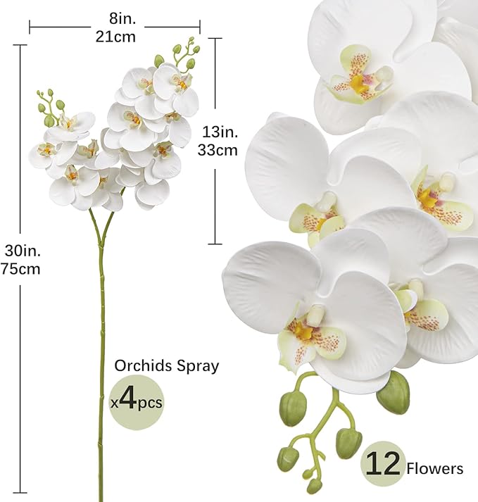 30 Inch White Orchids Artificial Flowers Real Touch Phalaenopsis Spray Artificial Orchid Stems with 12 Orchid Flowers Fake Phalaenopsis Tall Faux Flowers Arrangement for Home Decor Party Wedding Decor