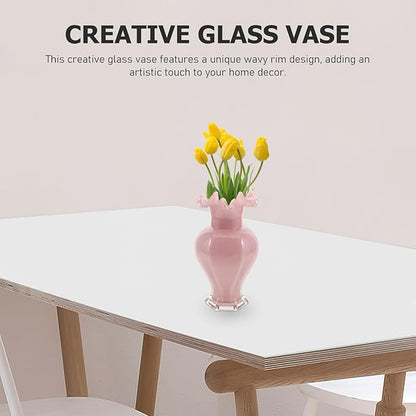 PRETYZOOM Artistic Ripple Edge Glass Flower Vase Handblown Decorative Floral Container for Home Table Office Wedding Centerpiece Pink Unique Artistic Accent Multipurpose Use