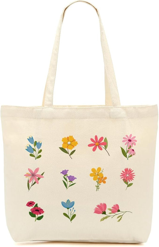 Aesthetic Floral Canvas Tote Bag for Women with Pocket, Tote Bags for Grocery Shopping Travel Christmas Birthday