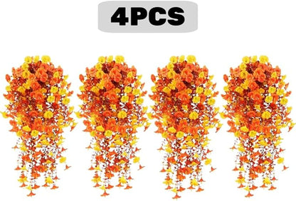 4PCS Artificial Hanging Flowers for Outdoor Decor UV Resistant Fake Morning Glory Realistic Silk Autumn Fall Hanging Plants for Porch Patio Balcony Yard (Autumn Colors)