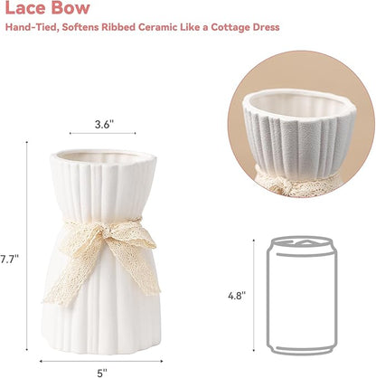 White Ceramic Vase with Lace Bow & Ribbed Texture - 7.7" Unique Flower Vase for Pampas Grass & Centerpieces, Farmhouse/Boho Decorative Vase for Living Room, Office Desk & Gift for Her/Yourself