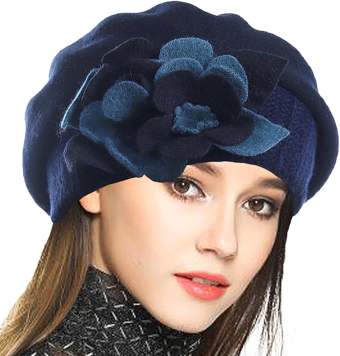 VECRY Lady French Beret 100% Wool Beret Floral Dress Beanie Winter Hat