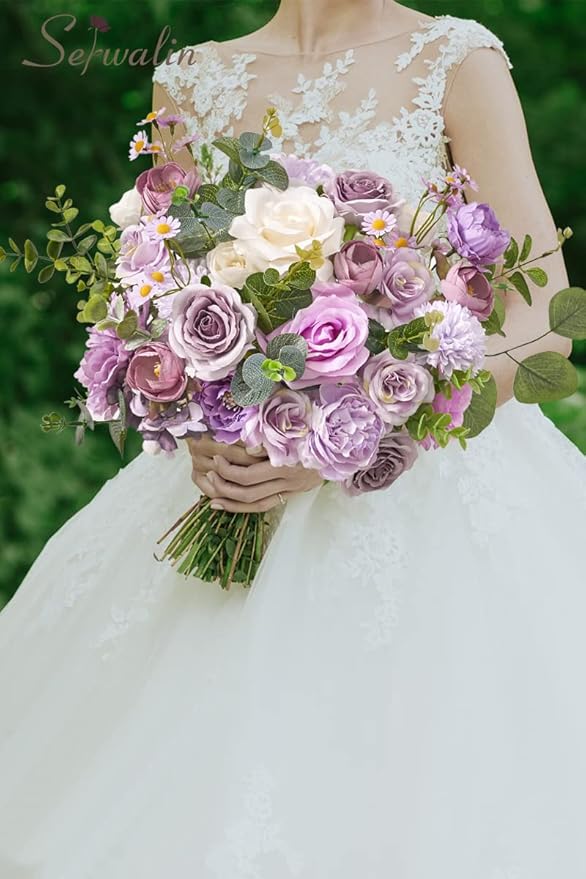 Serwalin Artificial Flowers Silk Flowers Wedding Cake Flowers Purple Fake Flowers Box Set for DIY Wedding Bouquets Table Centerpieces Arrangements Baby Shower Home Decor
