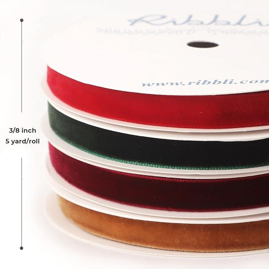 Ribbli 4 Rolls Velvet Ribbon, 3/8 Inches 5-Yard Each Roll, Christmas Ribbon for Gift Wrapping, Christmas Tree Decoration, Home Decor-Red/Green/Burgundy/Khaki
