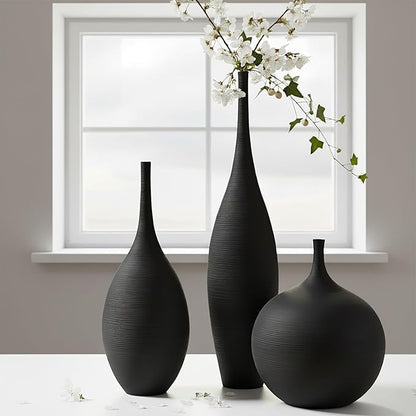 Black Ceramic Vases Set of 3, Modern Boho Vases for Centerpiece Decor, Matte Minimalist Decorative Vases for Home Decor, Living Room, Bookshelf, and Entryway Table Decor