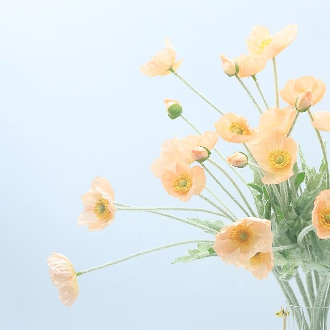 2 Pcs Artificial Fake Flowers Poppies Silk Flower Arrangements Wedding Bouquets Decorations Plastic Floral Table Centerpieces for Home Kitchen Garden Party Decor Approx 23.6" High - Dark Champagne