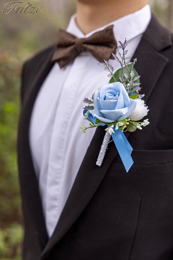 Fnize Blue Boutonniere for Men, 6 Pcs Groom Groomsmen Boutonnieres, Artificial Flowers for Wedding Prom Homecoming