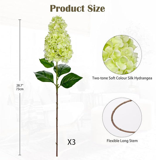 3PCS Fake Flowers Hydrangea Artificial Flowers 28" Long Stem Green Faux Flowers for Vase, Real Touch Silk Flowers Décor for Floral Arrangement Home Farmhouse Office Hotel Decoration