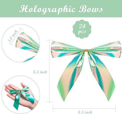 WRAPAHOLIC 24 Pcs Small Holographic Green Christmas Bows - Iridescent Green Twist Tie Bows for Christmas Tree, Wreath, Gift Wrapping, Wedding, Crafts, Home Decor - 3.5 x 3.5 inch