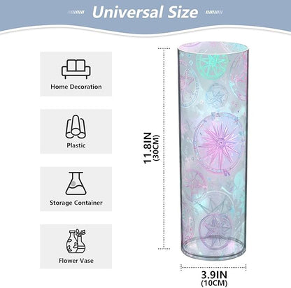 Flower Vase Clear Plastic Cylinder Vases Decor for Centerpieces Home Storage Office Weddings Rainbow Color Circular Pentagrams Stars 11.8 x 3.9 in