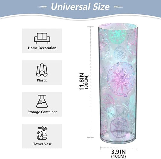Flower Vase Clear Plastic Cylinder Vases Decor for Centerpieces Home Storage Office Weddings Rainbow Color Circular Pentagrams Stars 11.8 x 3.9 in