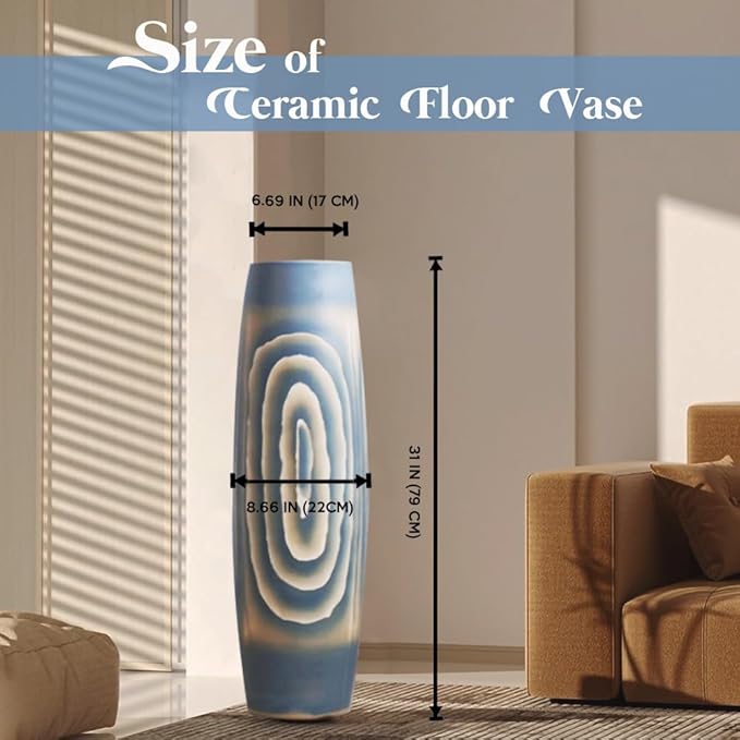 Tall Blue Floor Vase 31 inches, Handmade Large Ceramic Vases for Home Decor Living Room, Imitation Wood Grain Decorative Vases Wide Mouth Opening Corner Vase for Pampas Grass