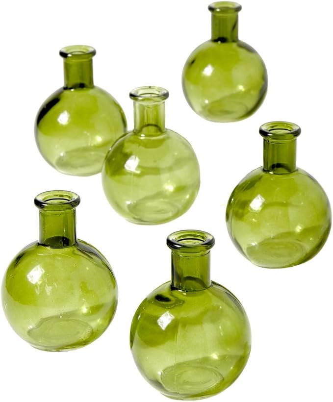 Serene Spaces Living Set of 6 Small Green Ball Bud Vases, Transparent Glass Vases for Weddings, Events, Parties, Floral Centerpieces for Home Decor, Measures 4" Tall