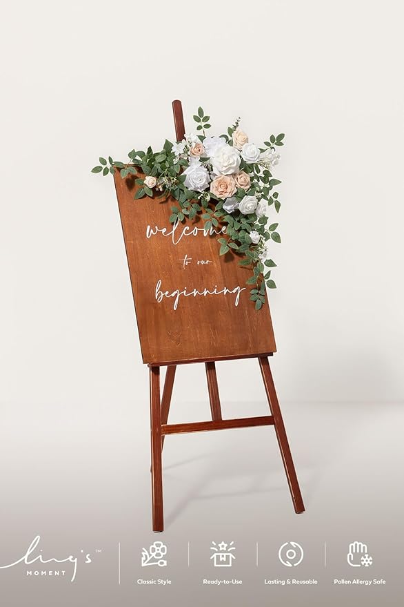 Ling's Moment Wedding Artificial Welcome Sign Flowers Swag Arch Floral Garland Decorations White & Sage for Ceremony Reception Entrance Entryway Party Banquets Easel Wall Home Outdoor(NOT Include Sign