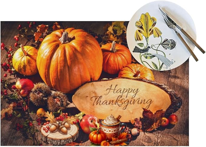PVC Placemats Set of 4 Wipeable Table Mats Washable Heat Resistant Non Slip Vinyl Dining Table Mat for Kitchen Indoor Outdoor Patio Farmhouse Place Mats Thanksgiving Pumpkin Decorate Decorative