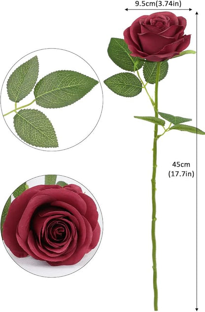 12pcs Roses Artificial Flowers Fake Flowers with Long Stems Burgundy Silk Flowers for Wedding Bouquet Centerpices Decorations Party Bridal Baby Shower Home Decor
