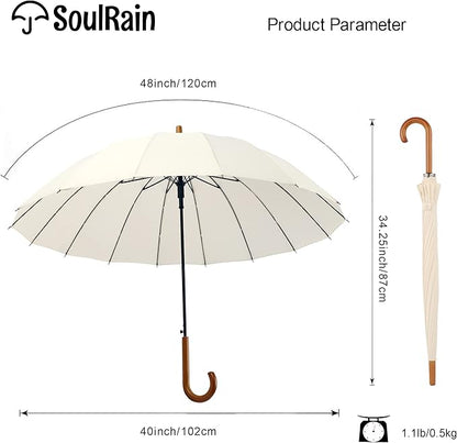 SoulRain 16 Ribs 48" Stick Umbrella Auto Open Solid Color Fashionable and Simple，Arc Classic Wood Handle，Windproof Unbreakable Stick Rain Umbrella