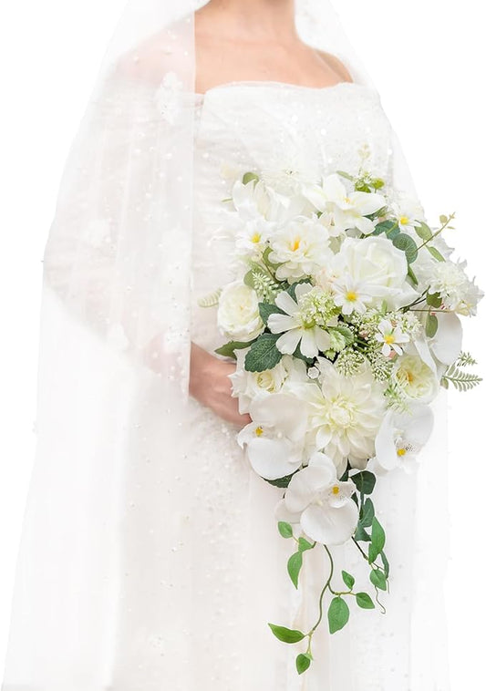 TINGE TIME 11 Inch Wedding Bouquets for Bride, IvoryWhite Artificial Flowers Bouquet, Brides & Bridesmaids Bouquet for Wedding Anniversary Ceremony Bridal Shower Decorations