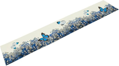Butterfly Floral Table Runner, Blue White Hydrangea Flowers Bloom Spring Garden Theme Table Runner for Kitchen Dining Holiday Party Wedding, 13x36 Inch