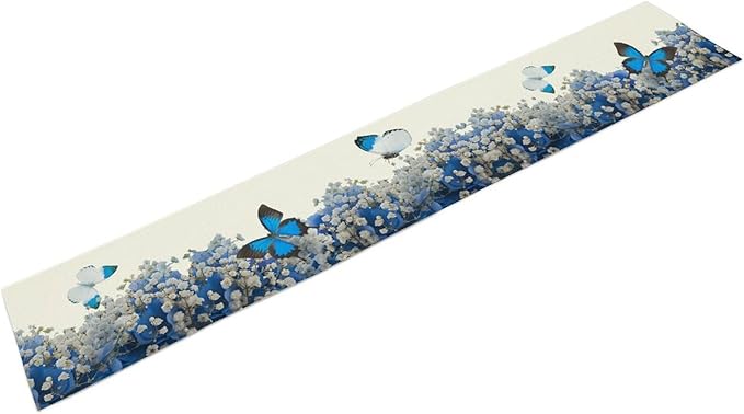 Butterfly Floral Table Runner, Blue White Hydrangea Flowers Bloom Spring Garden Theme Table Runner for Kitchen Dining Holiday Party Wedding, 13x70 Inch