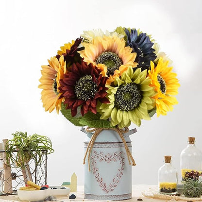 Multicolor Artificial Sunflower Flowers Long Stem Large Silk Sunflowers Bridal Wedding Bouquet 6pcs Fake Yellow Flower Arrangements for Outdoor