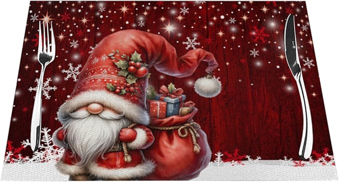 PVC Placemats Set of 6 Wipeable Table Mats Washable Heat Resistant Non Slip Vinyl Dining Table Mat for Kitchen Indoor Outdoor Patio Farmhouse Place Mats Red Santa Claus Gnome Decorative