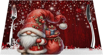 PVC Placemats Set of 6 Wipeable Table Mats Washable Heat Resistant Non Slip Vinyl Dining Table Mat for Kitchen Indoor Outdoor Patio Farmhouse Place Mats Red Santa Claus Gnome Decorative