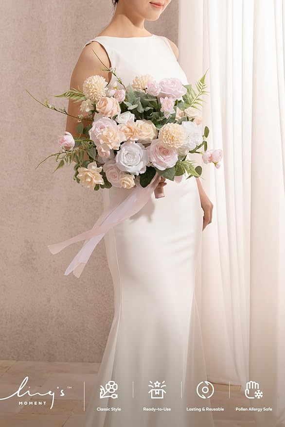 Ling's moment Blush Pink Bridal Bouquet Cascading, Coral Wedding Bouquets for Bride, 15 Inch Free Form Artificial Wedding Flower Bouquet