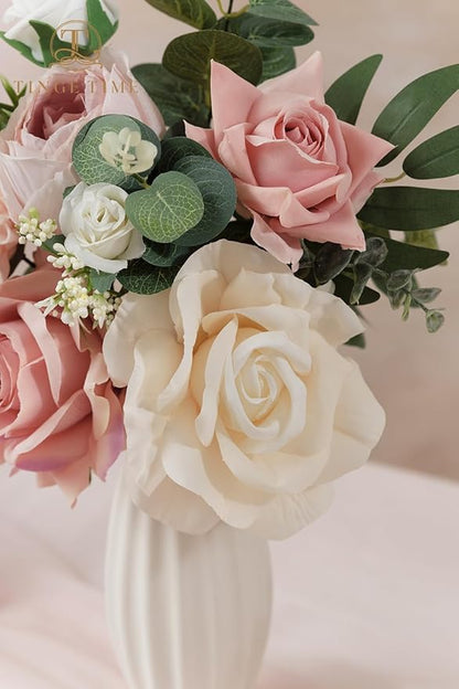 TINGE TIME Artificial Flowers Combo Mix Silk Flowers Pink Roses w/stem for DIY Wedding Bridal Bouquets Baby Shower Floral Arrangement Table Centerpieces Home Decorations (Dusty Rose & Champange)