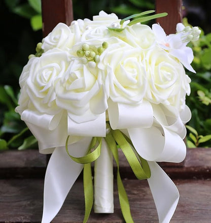 Lightweight Bridal Wedding Bouquet Round Holding Bouquet Throw Toss Artificial Rose Flower Bunch for Bride Bridesmaid Wedding Quinceanera (Cream, 9.1")