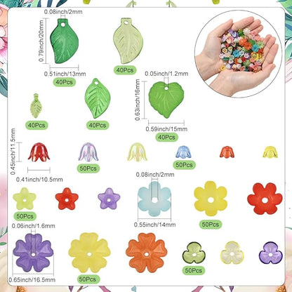 SUNNYCLUE 1 Box 500Pcs Acrylic Flower Beads Kit Flowers and Leaves Beads Set Cute Green Leaf Colorful Floral Blossom Caps Spring Themed Spacer for Jewelry Making DIY Necklace Bracelet Crafts Women