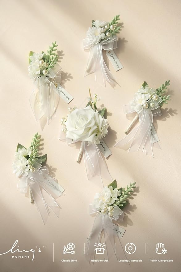 Ling's moment Boutonniere for Men, 6pcs Groom Groomsmen Boutonniere, Artificial Flowers for Wedding Decor/Prom/Homecoming, etc.Snow White