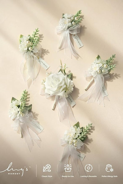Ling's moment Boutonniere for Men, 6pcs Groom Groomsmen Boutonniere, Artificial Flowers for Wedding Decor/Prom/Homecoming, etc.Snow White