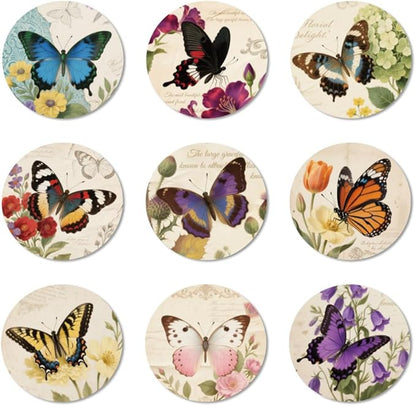 ANATTASOUL Coasters Set of 9 Vintage Floral and Butterfly Pattern Colorful Wooden Coasters Bulk Round Housewarming Gift for New Home, 3.9" Decorative Coffee Table Protection for Farmhouse Bar Decor
